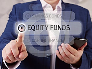 EQUITY FUNDS text in list. Merchant looking for something at smartphone. AnÃÂ equity fundÃÂ is aÃÂ mutual fundÃÂ that invests photo